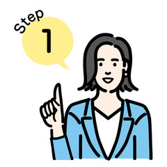 ステップ1　工程を説明するスーツを着た若い女性

