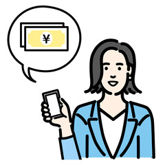 スマートフォンを持ってお金の説明をしているスーツを着た若い女性
