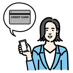 スマートフォンを持ってクレジットカードの説明をしているスーツを着た若い女性

