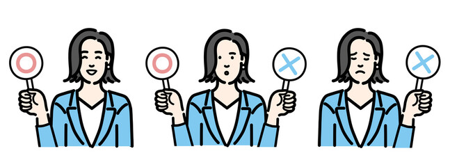 Naklejka premium マルバツの札を持っているスーツを着た若い女性のセット 