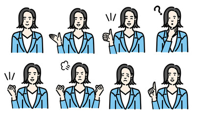 スーツを着た若い女性の仕草、ジェスチャーのセット

