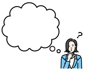 吹き出し　考えているスーツを着た若い女性
