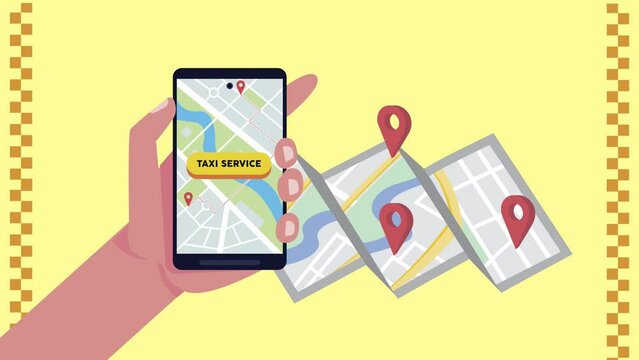 hand with smartphone and taxi app