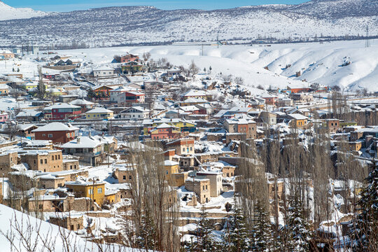 The town of Güzelyurt near the Ihlara valley with underground cities in Cappadocia, Aksaray,Turkey. Winter landscape .