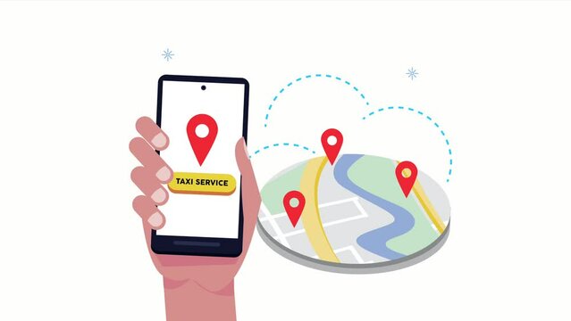 hand lifting smartphone with taxi app