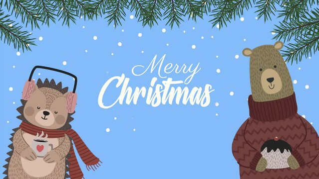 merry christmas animation with animals and lettering