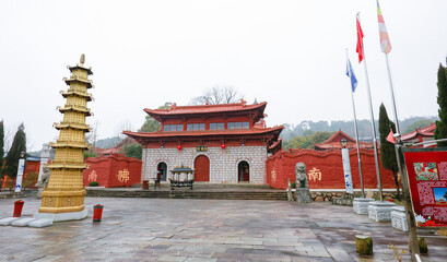 Jiujiang, China - February 3, 2022: Xilin Temple, a thousand-year-old ancient temple on Mount Lushan, is a World Heritage site. Su Shi's famous "title xilin Wall", passed for the ages of good poetry.