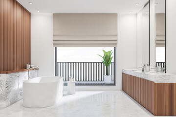 Bright bathroom interior with bathtub, concrete floor, mirror, panoramic window