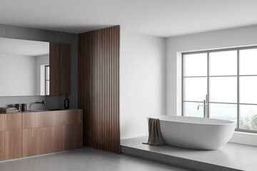 Fototapeta na wymiar Light bathroom interior with sink and bathtub, panoramic window
