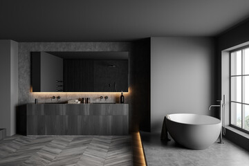 Fototapeta na wymiar Black washing interior with sink and bathtub, panoramic window