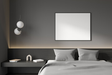 Grey bedroom interior with bed and lamp, decoration. Mockup poster