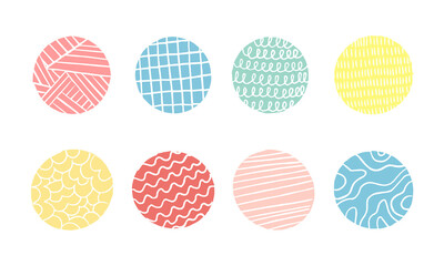 Round abstract colorful geometric backgrounds or Patterns. Hand drawn doodle rounded shapes. Spots, drops, curves, lines, checkered, waves. For posters, post, label, templates.
