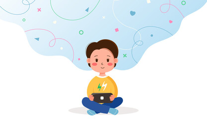 Boy playing portable console. Vector illustration of a cute child male character with a portable game console sitting on the floor. Children's fantasy and dreams world on an abstract background.