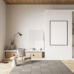 Bright living room interior with empty white poster, armchair