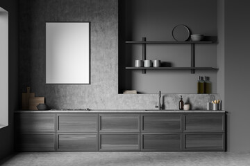 Grey kitchen interior with appliances and concrete floor, mock up poster
