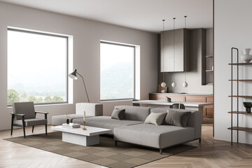 Naklejka na ściany i meble Kitchen interior with sofa and seats with shelves, panoramic window