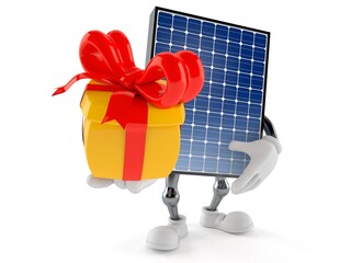 Photovoltaic panel character holding gift - 486847573