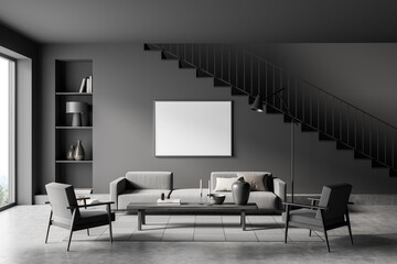 Dark living room interior with empty white poster, panoramic window