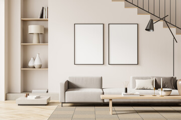 Guest room interior with couch and staircase, bench and shelf. Mockup frames