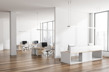 Fototapeta na wymiar Office interior desk with reception and workspace, panoramic window