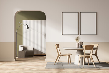 Guest room interior with seats and decoration, carpet. Mockup frames