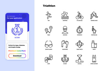 Triathlon thin line icons set: runner, swimmer, cycling race, stopwatch, starting, gun, sport glasses, start, victory, success. Modern vector illustration.