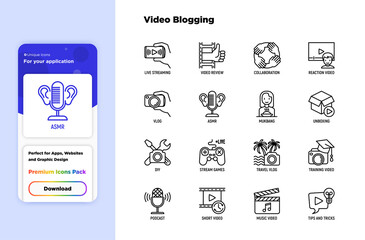 Video blogging thin line icons set: vlog, ASMR, mukbang, unboxing, DIY, stream game, review, collaboration, podcast, tips and tricks. Modern vector illustration.