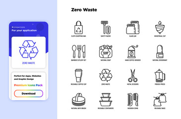 Zero waste thin line icons set: menstrual cup, safety razor, glass jar, natural deodorant, hand coffee grinder, french press, metal scissors, bath body brush, wooden comb. Modern vector illustration.