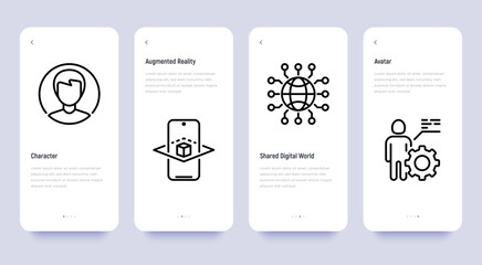 Metaverse thin line icons set: avatar, shared digital world, augmented reality. Pixel perfect, editable stroke. Vector illustration.
