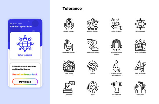 Tolerance thin line icons set: gender, racial, national, religious, sexual orientation, educational, interclass, for disability, respect, self-expression, human rights, democracy. Vector illustration.