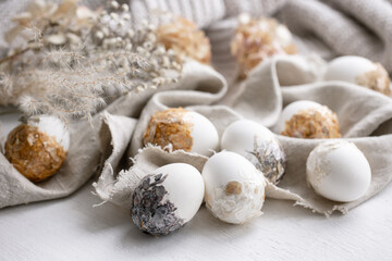 Easter festive background with decorative eggs in pastel colors.