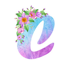 Alphabet with a Very Peri watercolor fill and with bouquets of lilac flowers .Suitable for greeting cards,invitations,design works,crafts and hobbies.