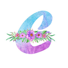 Alphabet with a Very Peri watercolor fill and with bouquets of lilac flowers .Suitable for greeting cards,invitations,design works,crafts and hobbies.