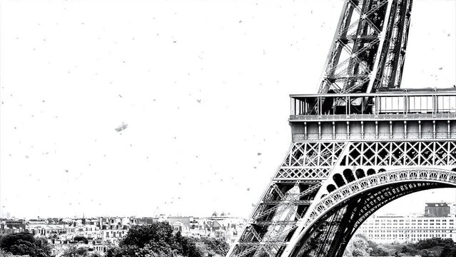 Panorama of Paris with the Eiffel Tower in winter with slowly falling snow. Black and white  creative 4k video with parallax effect.