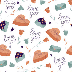 Romantic vector seamless pattern. Flat blue and bronze elements isolated on white. Calligraphic hand lettering love you, roses, envelope, gift boxes.