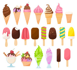 Set of ice creams on a sticks, in waffle and glass cups. - 486849562