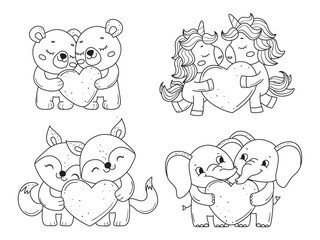 Set of Adorable couples of valentine with heart.Animals for coloring book.Line art design for kids coloring page. - 486849563