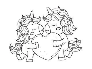 Adorable couple of valentine unicorns with heart.Unicorns for coloring book.Line art design for kids coloring page. - 486849564