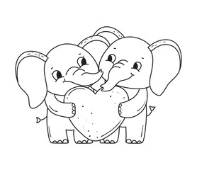 Adorable couple of valentine elephants with heart. Elephants for coloring book.Line art design for kids coloring page. Vector illustration. Isolated on white background
