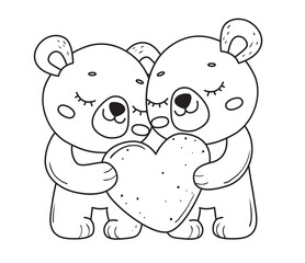 Adorable couple of valentine bears with heart. Bears for coloring book.Line art design for kids coloring page. Vector illustration. Isolated on white background - 486849566