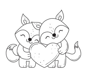 Adorable couple of foxes with heart. Foxes for coloring book.Line art design for kids coloring page. Vector illustration. Isolated on white background