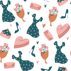 Romantic vector seamless pattern for valentine's day. Tender design for wallpaper, wrapping paper, gift wrappers, covers, prints. Flat emerald, gold and pink elements isolated on white background. 