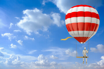 Robot on hot air balloon with swing fly in cloudy sky