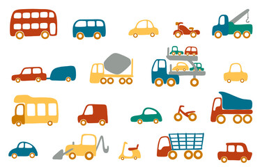 19 cartoon vehicles. Vector isolated children illustration for puzzle, print, kids room decor, stickers, cards.