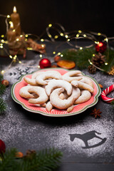 Plate of Traditional German or Austrian Vanillekipferl vanilla kipferl cookies