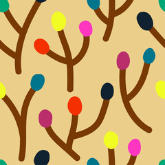 Modern hand drawn pattern with abstract  branches with multicolor buds on beige background. Cute  floral print in naive style for fabric design, wallpaper, wrapping paper