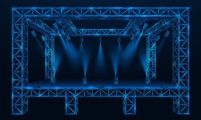 A scene with spotlights. Futuristic wire construction. Polygonal design of interconnected lines and points. Blue background. - obrazy, fototapety, plakaty
