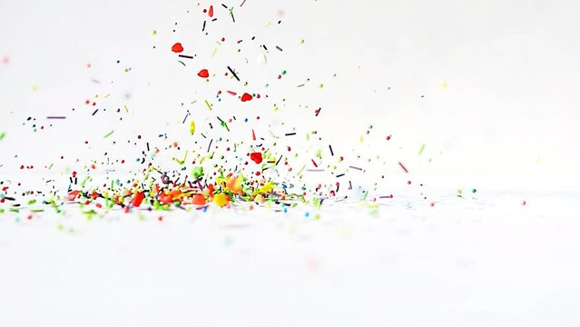 Multi-colored differently shaped topping sweets are falling on a table on a white background. 4k slow motion bright fun video.
