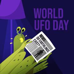 A close-up shows a green alien at home with a pet under a floor lamp. Aliens reads a newspaper where it is written Do earthlings exist. Humorous postcard for the World Day of UFO.