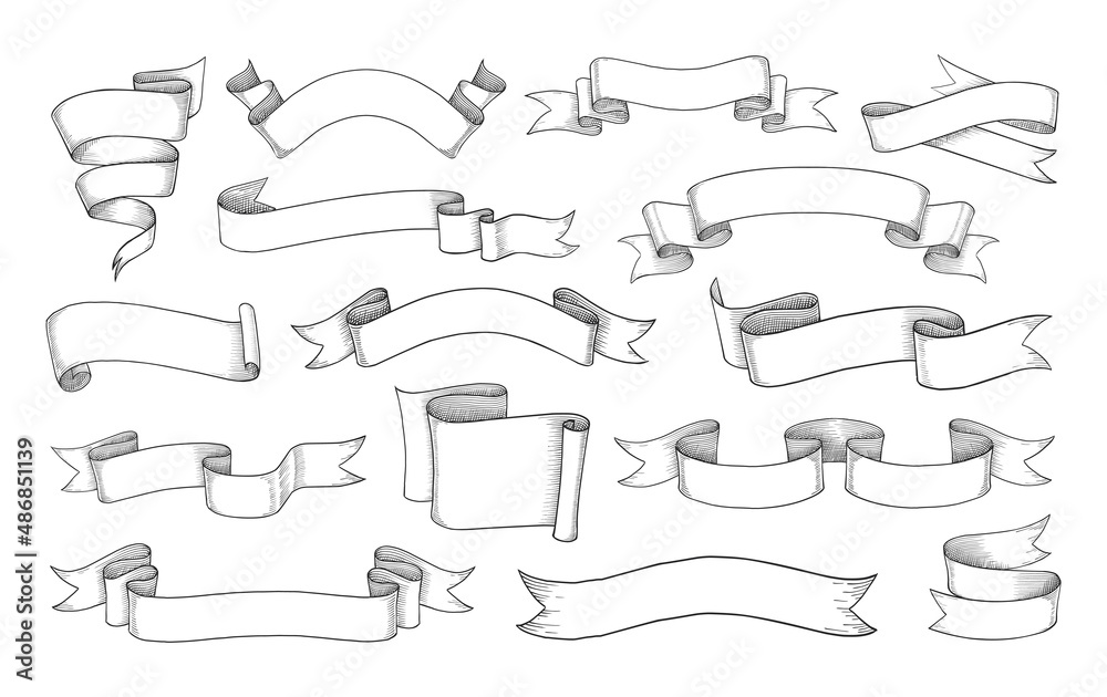 Poster Vintage ribbon. Hand drawn retro scroll flag antique element. Decoration swirl tape engraving. Curled elegant bands. Isolated old stripe labels. Outline header frames. Vector sketch set